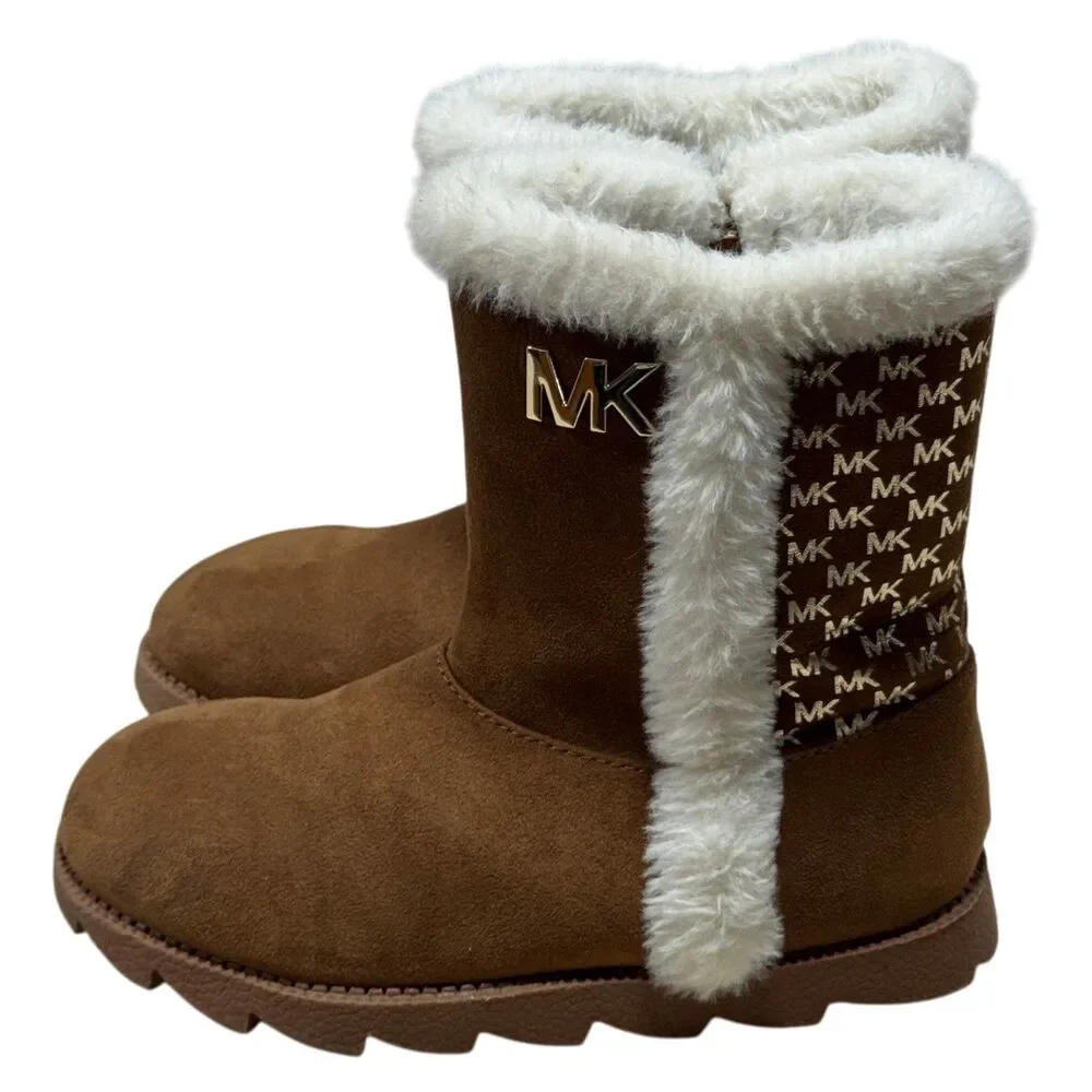 Michael Kors MK Girls Faux Fur Boots Brown Logo Winter Boot Size 1